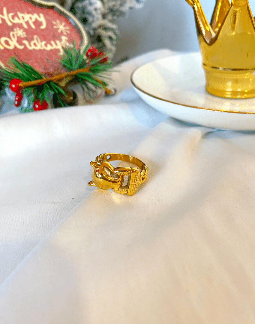 anillo dorado con figura de leon, ropa gallardo, ecuador