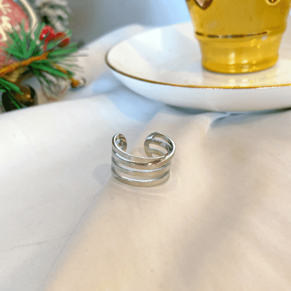 anillo plateado con forma de lineas, ropa gallardo, ecuador